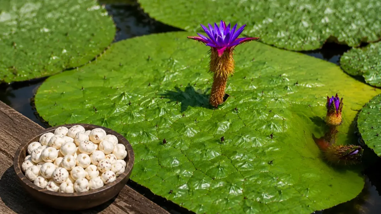 Makhana growing among lotus leaves in a Bihar pond